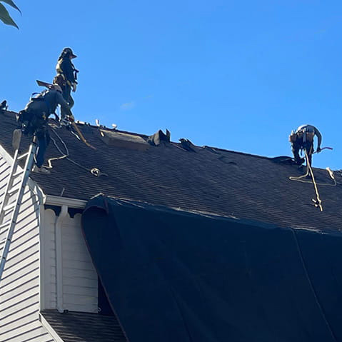 Photo of Everest Construction Group workers replacing a roof on a New Jersey home