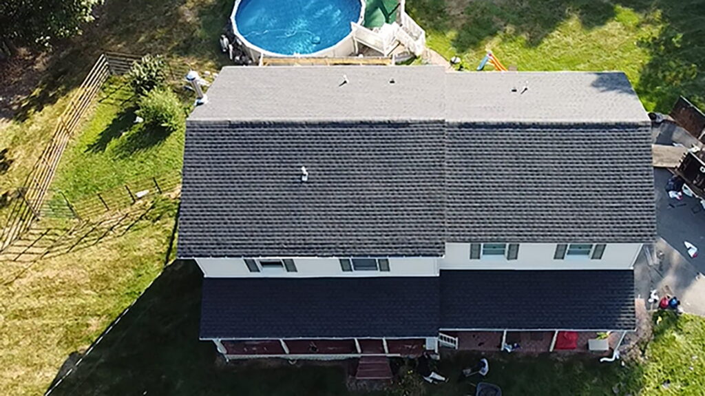 Aerial view of a shingle roof in New Jersey completed by Everest Construction Group